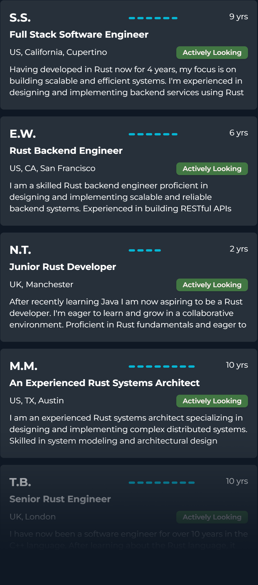 5 Rust engineer profiles all looking for work